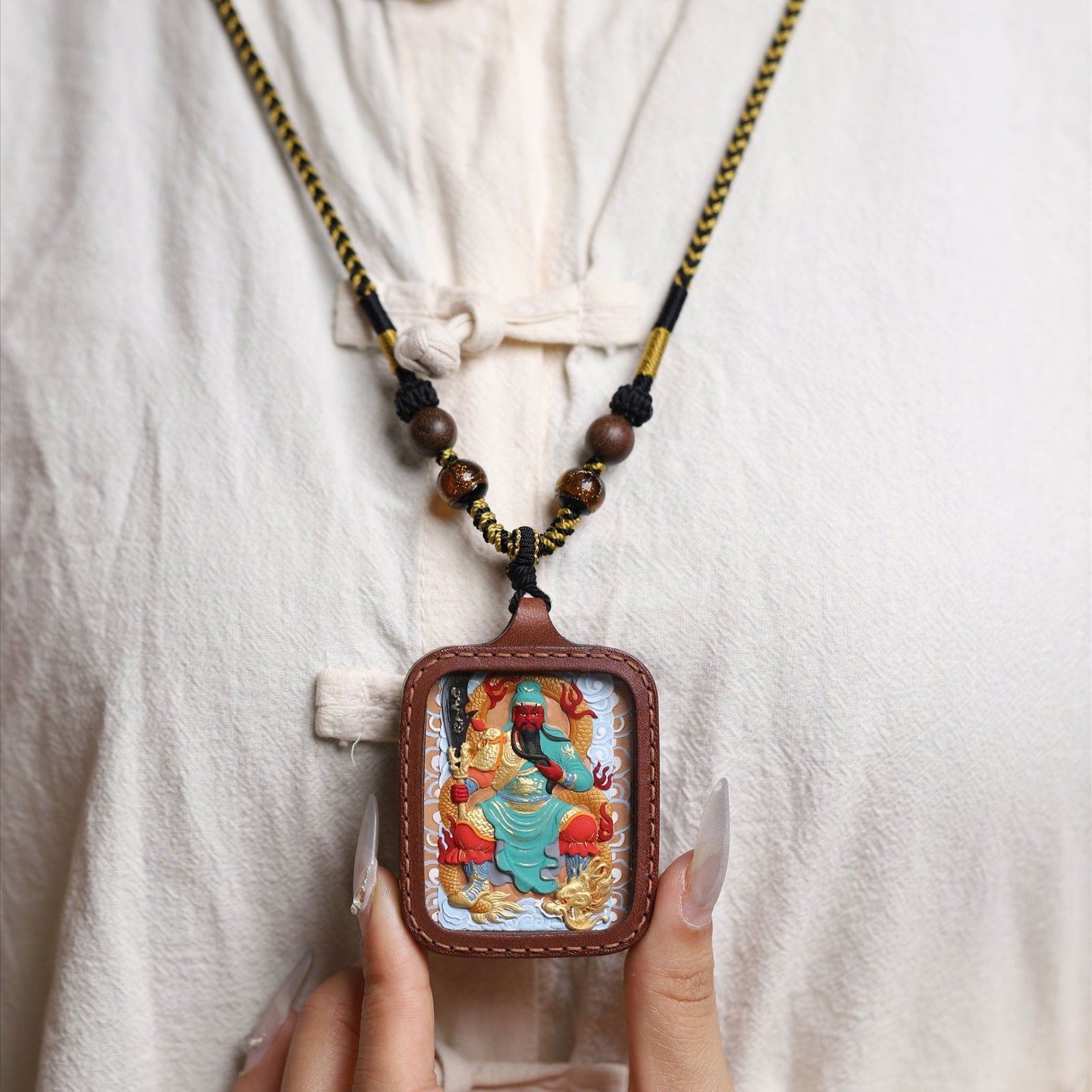 Thangka_Buddha_Green_Robe_Guan_Gong_Thangka_Necklace_-_Leather_Case_Pendant_For_Loyalty_and_Protection_-_Thangka_Buddha_-_-2313883